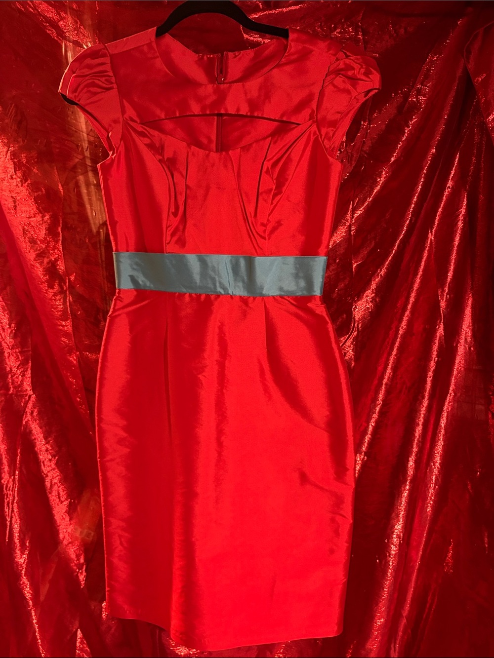 Red Satin Midi Dress with Contrast Silver Waistband